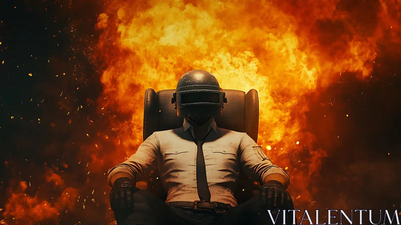 Helmeted seated figure before large background explosion.