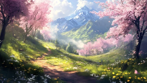 Spring valley path under snow-capped alpine mountains.