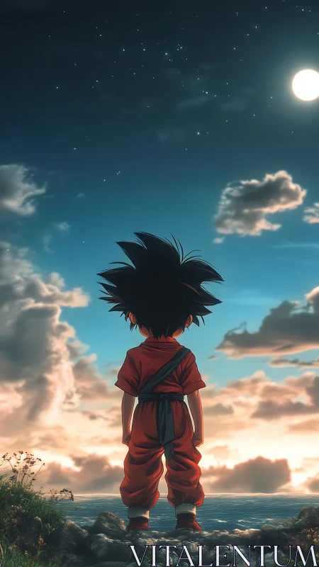 Backlit anime child observes moonlit sky over reflective sea