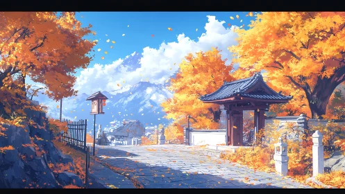 Autumn temple gate under vivid foliage and distant mountains.