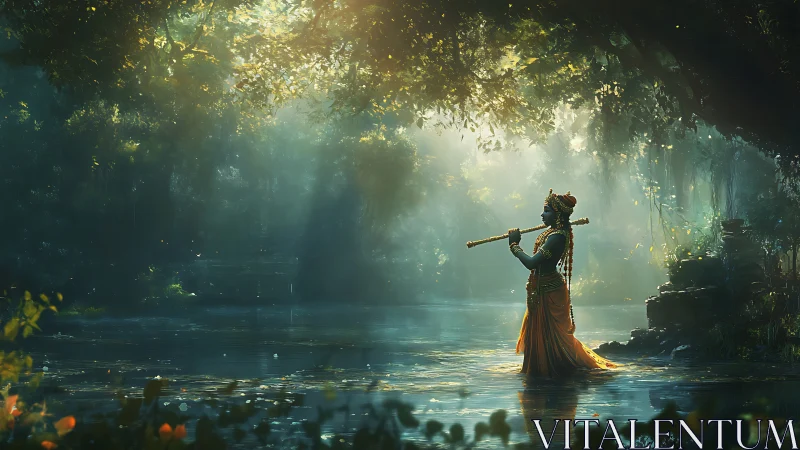 Divine flute player stands in a misty forest river sanctuary