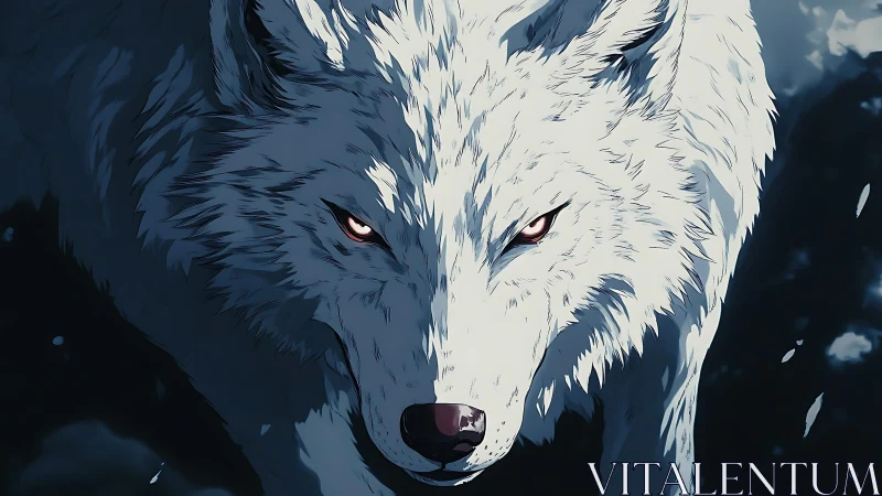 White wolf close-up with intense red eyes in snowstorm.