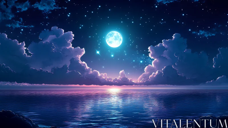 Moonlit ocean horizon with clouds and reflected starlight.