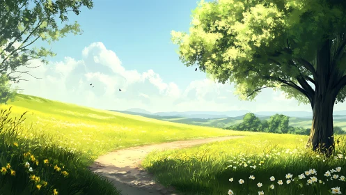 Sunlit hillside path under broadleaf tree in pastoral valley