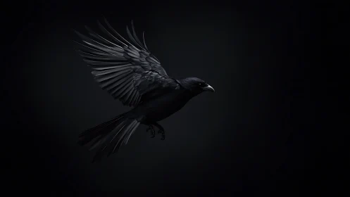 A Raven in Flight, Wings Spread Against Darkness.