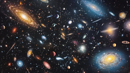 Sprawling multiverse starfields glow with spiral galaxies.