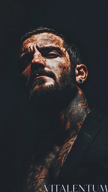 Brooding tattooed man in dramatic low key portrait lighting.