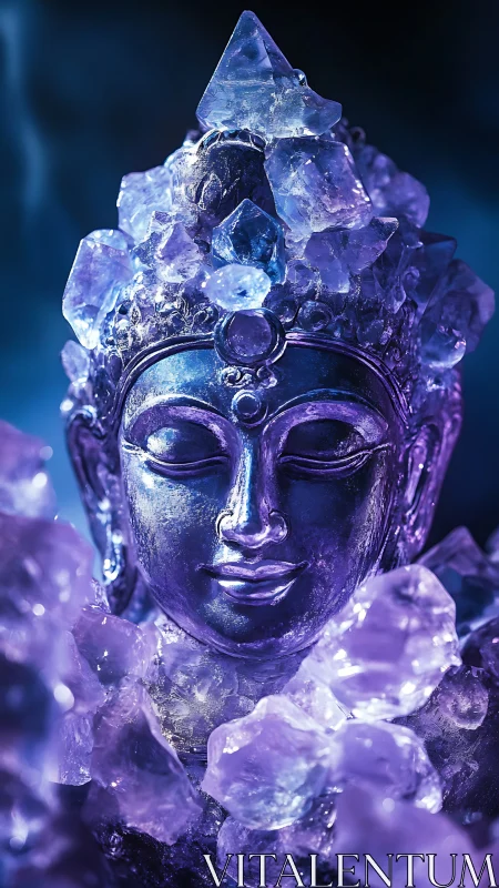 Serene crystal deity in luminous violet and blue glow.