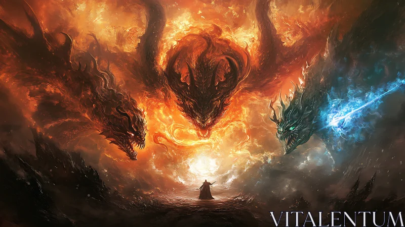 Sorcerer confronts three elemental dragon titans in blazing sky.