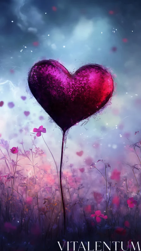 Luminous Heart-Shaped Balloon Hovering Over Twilight Flower Field
