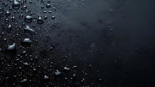 Dark slick surface with scattered reflective water droplets.