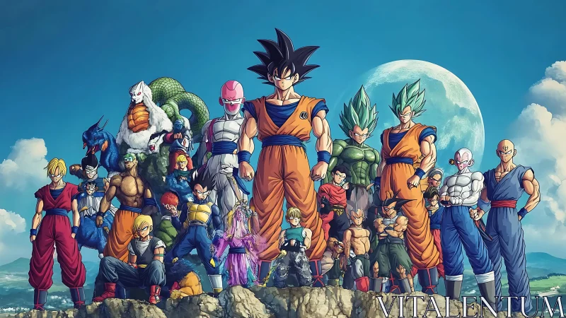 Epic anime heroes gathered under a bright, watchful moon.