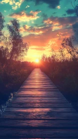Sunset boardwalk stretches into glowing pastel horizon.