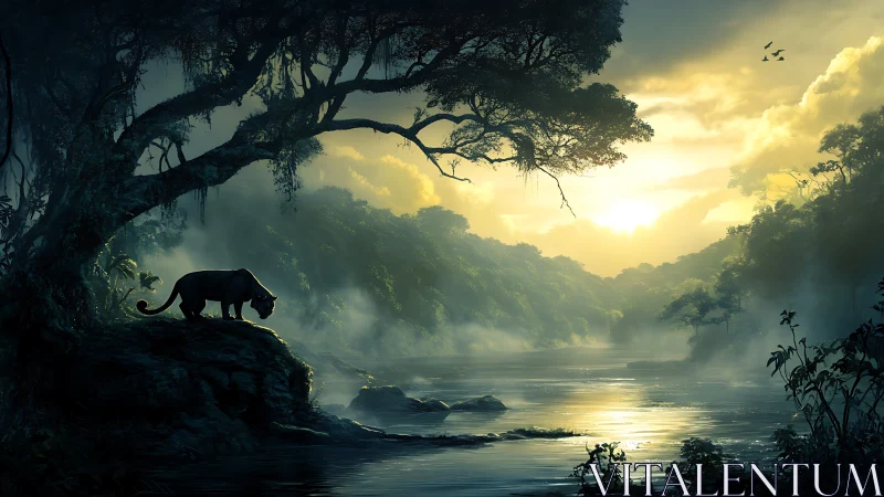 Solitary Panther in Misty Jungle Landscape.