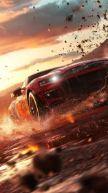 Roaring red sports car kicks up muddy spray at sunset
