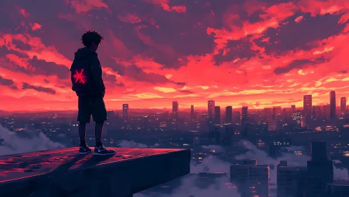 Skyline dreamer on a neon dusk ledge above sleeping city.