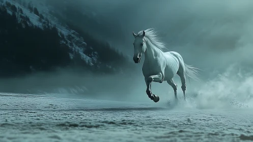 Galloping white horse crosses frozen plain in cinematic haze