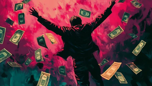 Backlit figure with raised arms among falling banknotes.