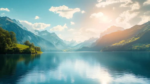 Sunlit alpine lake with reflective mountains and sky.