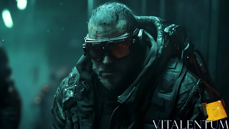 Weathered cyberpunk wanderer in neon washed shadows.