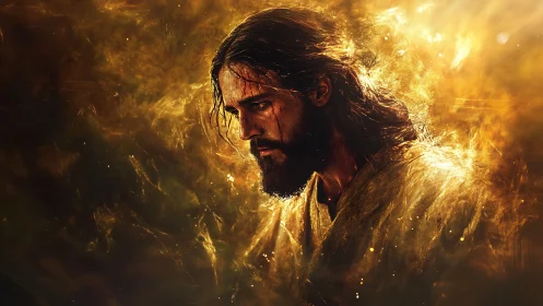 Bearded man with long hair stands in glowing golden light