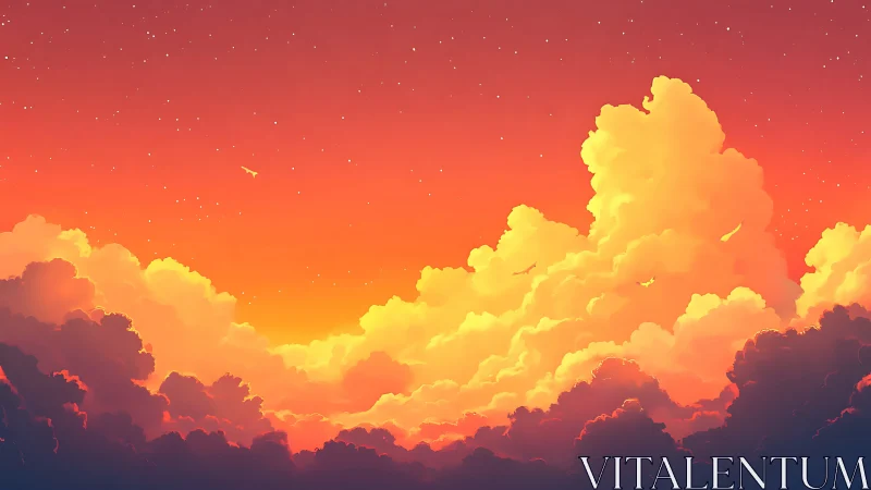 Sunset-built cloud kingdoms rise as tiny stars awaken above