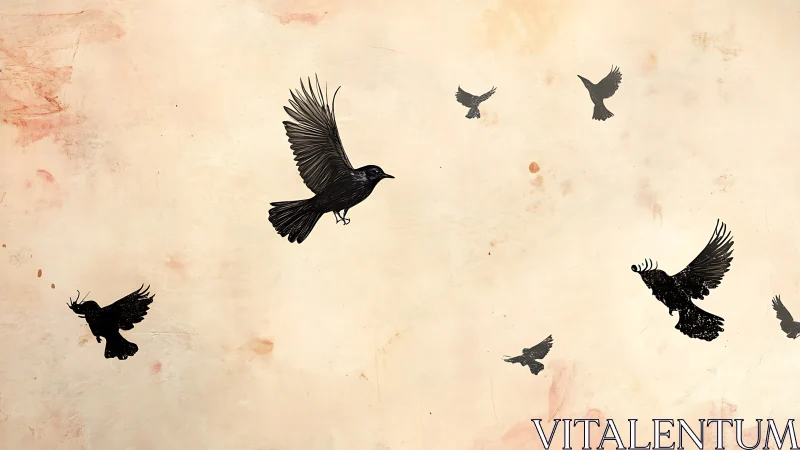 Silhouetted Birds in Flight on Vintage Textured Background.