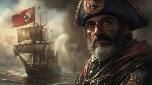 Iron-eyed admiral guards a storm-wreathed war galleon.