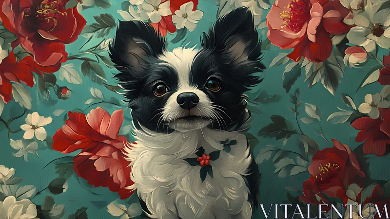 Floral guardian pup sits crowned by painted crimson blooms