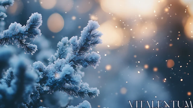 Snow covered pine branches in soft evening bokeh light.