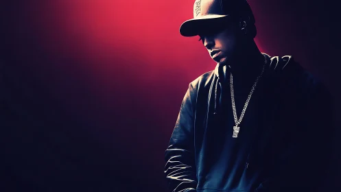 Moody hip hop artist stands in dramatic red stage light