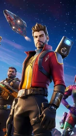 Stylized sci fi heroes under starry sky with ship overhead.