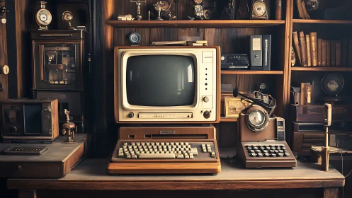 Vintage computer workstation with retro office devices.