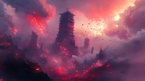 Ember-torn pagodas drift upward through a storm of burning sky