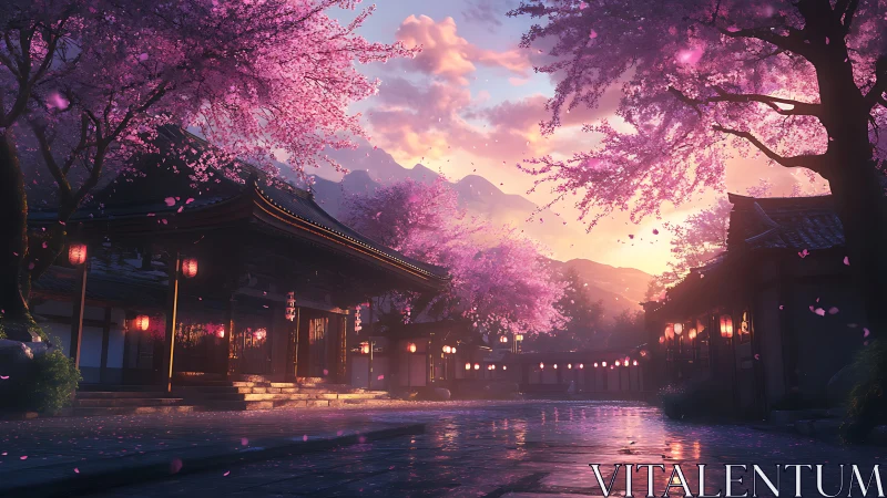 Digital rendering shows temple street beneath blooming trees