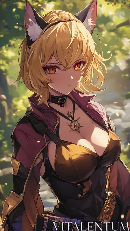 Anime catgirl warrior in sunlit forest armor portrait.