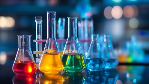Colorful chemical solutions in laboratory glassware on bench