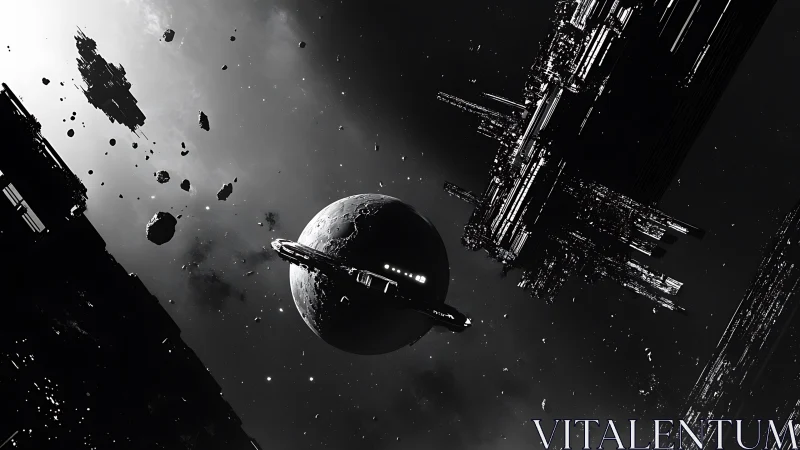 Orbital citadel encircles a scarred moon in silent starlight.