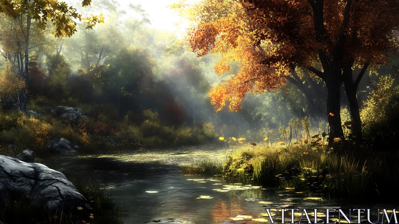 Digital painting of sunlit autumn riverbank in layered woodland.