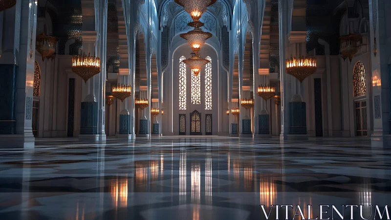 Luminous chandeliers script amber echoes across marble silence