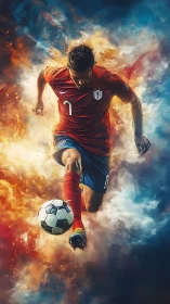Soccer player in red jersey kicks ball through fire and smoke