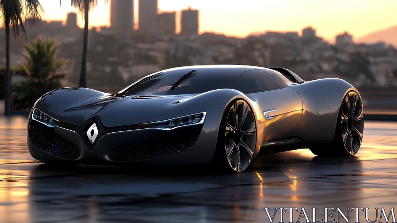 Futuristic Renault concept car on wet rooftop at sunset.