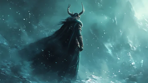 Armored horned warrior surveys glacial wasteland in cyan haze