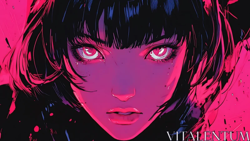Neon-lit gaze of a cyberpunk heroine in electric pink storm.