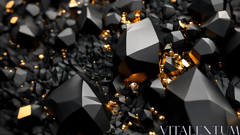 Black geometric crystals with glowing gold highlights.