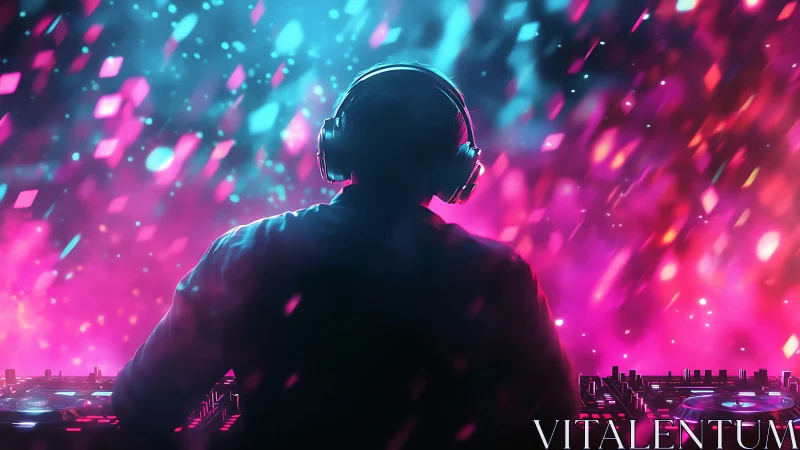 DJ silhouette mixing on neon stage with glowing lights.