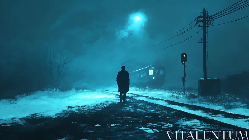 Midnight walker waiting by a quiet winter train track.