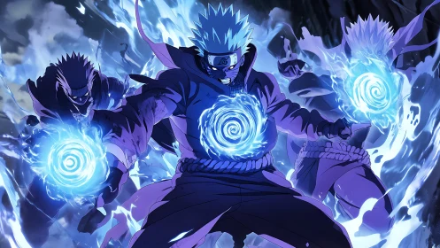 Blue energy warriors unleash spiraling chakra storm