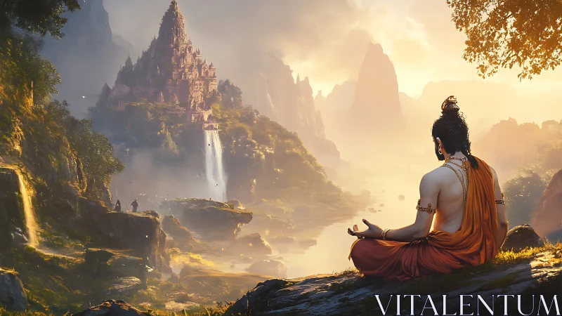 Meditating figure watching distant temple over river valley.