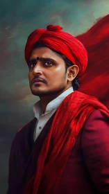 Crimson-turbaned portrait under moody teal sky backdrop.